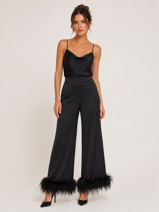 GIGII’S Pants - New! GIGII’S Visby Satin Marabou Feather Trim Wide Leg Trousers 🖤 Small NWT!